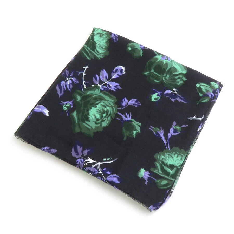 Authentique écharpe châle Christian Dior noir/vert/violet laine/soie   e60158a