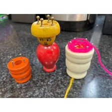 Vintage 3 Knitting Spools 1 Doll With 4 Nails. White Spool 6 Nails Orange Spool