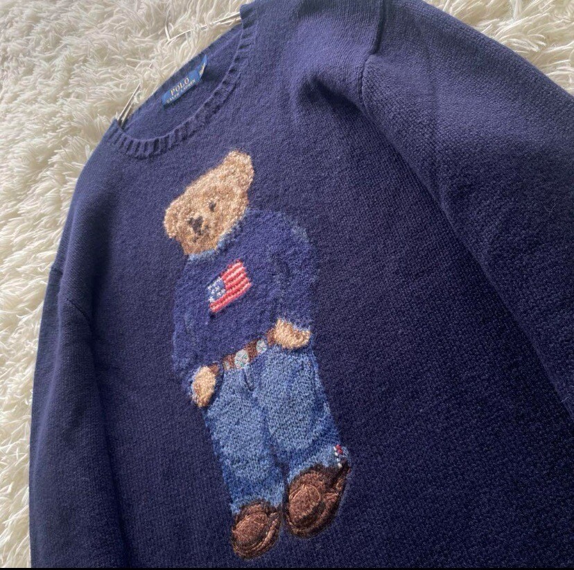 POLO Ralph Lauren POLO Bear USA FLAG Hand Knit Sweater Large