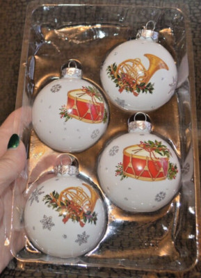Holiday Time Glass Ornaments French Horn, Drum & Snowflake Decoration