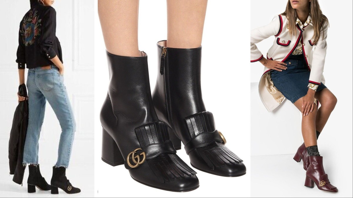 Gucci Marmont Gold GG Logo Black Leather Fringe Ankle Boots