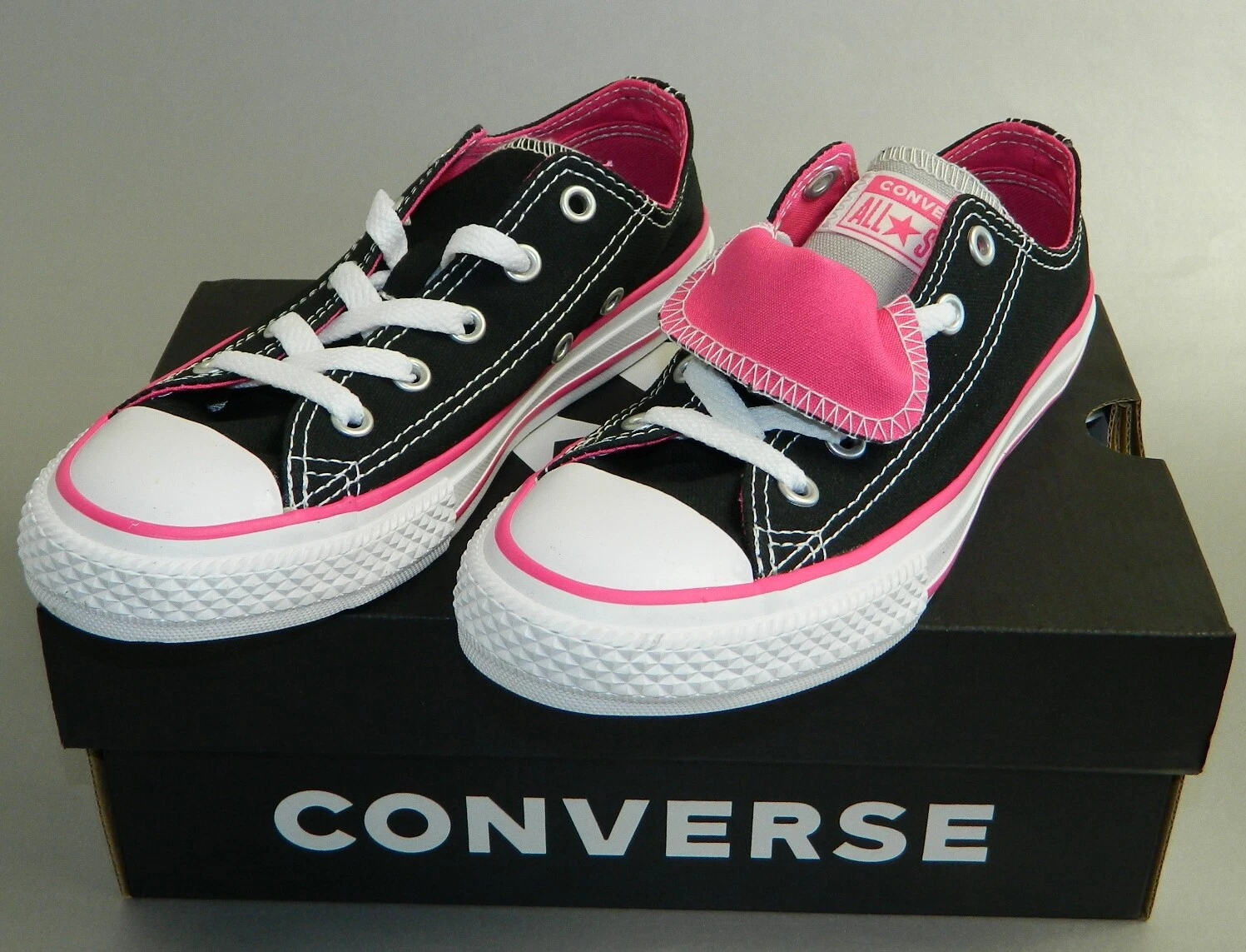 Sneakers basse Oxford Converse bambino Chuck Taylor doppia lingua nero rosa nuove
