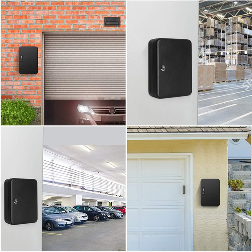 Black square Jssmst wall mount key storage box with code, locking key cabinet, garage door, and outdoor security camera.