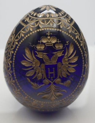 ST PETERSBURG FABERGE ART GLASS COBALT BLUE EGG TSAR NICHOLAS II MONO GILT 4.5''
