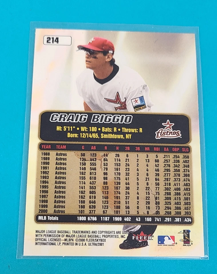 2001 Ultra #214 Craig Biggio Houston Astros BASEBALL Card O1 - Image 2 of 2