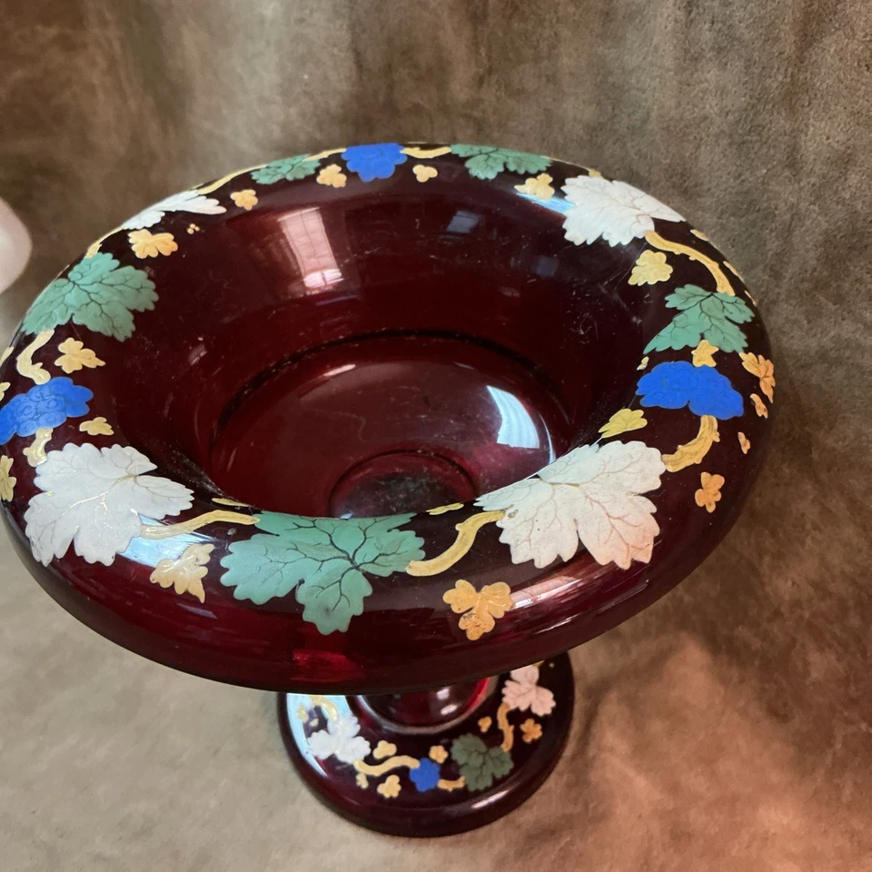 Victorian hand blown Glass ruby stained vintage grape leaf design compote Dish - Image 3 of 4