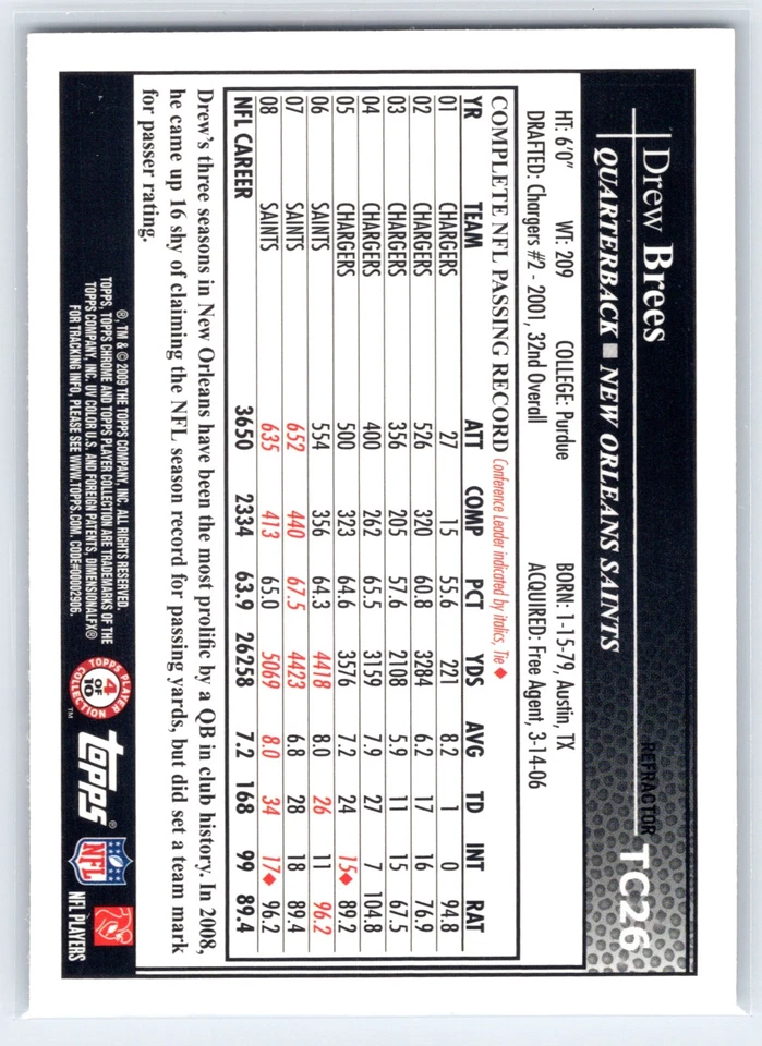 2009 Topps Chrome Refractor Drew Brees #TC26 - Image 2 of 2