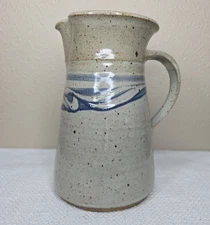 Handmade Pottery Glazed Speckled Pitcher Tan Blue Floral 7 Cups