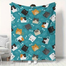 Cozy Flannel Blanket with Playful Cartoon Cats  Teal Swirls - Soft All-Season  
