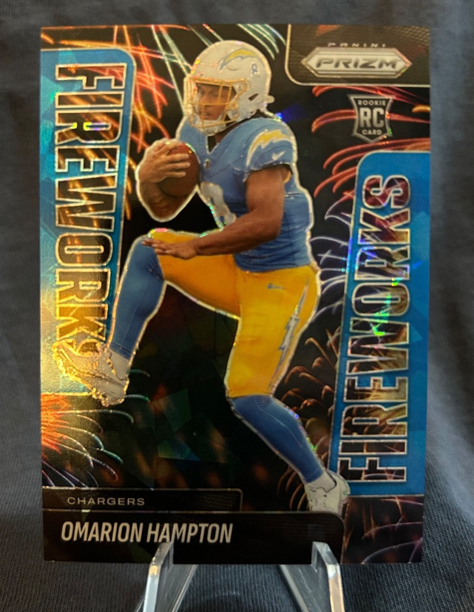 2025 Prizm Football Omarion Hampton Blue Ice Rookie #17 Fireworks Book End 99/99