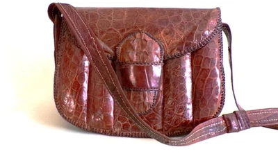 SAC PORTE EPAULE CUIR CROCO VERITABLE couleur MARRON OCCASION ANCIENNE - Photo 1/4
