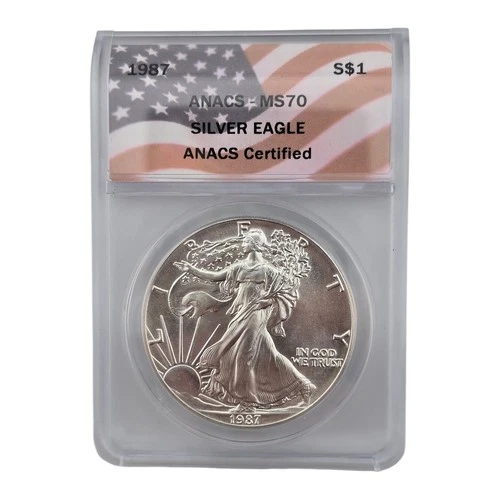 Nice 1987 American Silver Eagle Dollar Coin Anacs Ms70 Flag Lable