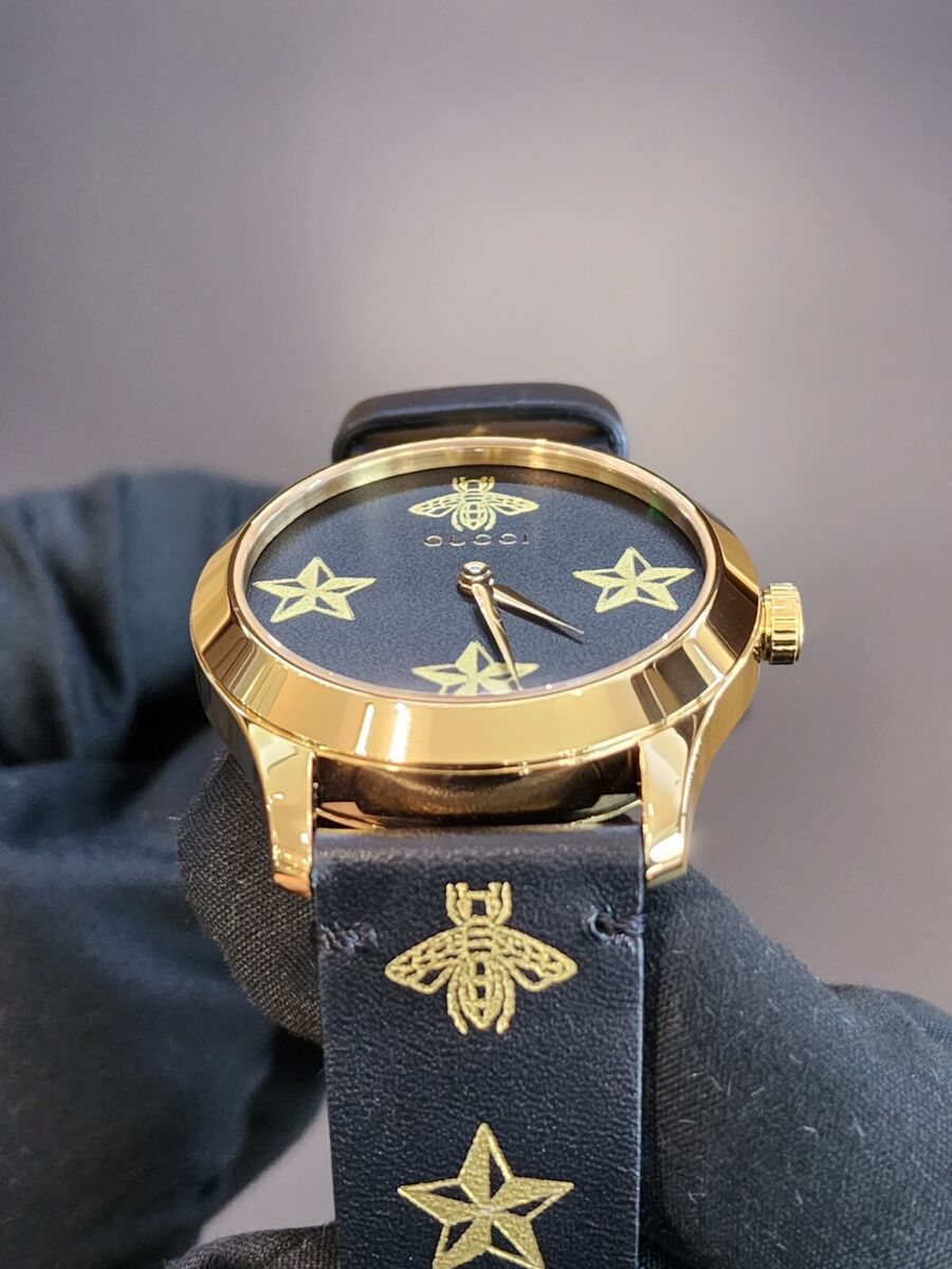 Gucci YA1264055 Black Leather Star Bees Wrist Watch for Gucci YA1264055 Black Leather Star Bees Wrist Watch for