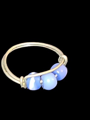 Silver Tone Wire Wraped Blue Cats Eye Beaded Artisan Handmade Ring Size 4 Pinky