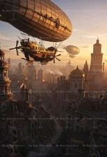 STEAMPUNK AIRSHIP VICTORIAN CITY ART PRINT, Retro Futurist Poster, Fantasy Decor