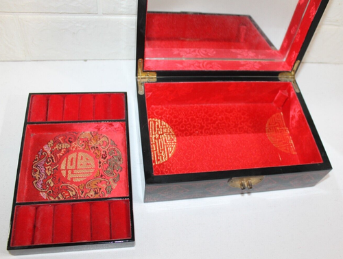 Elegant Asian Gloss Black & Red Lacquered Jewellery Ring Box Velvet Inner Shelf - Picture 11 of 17