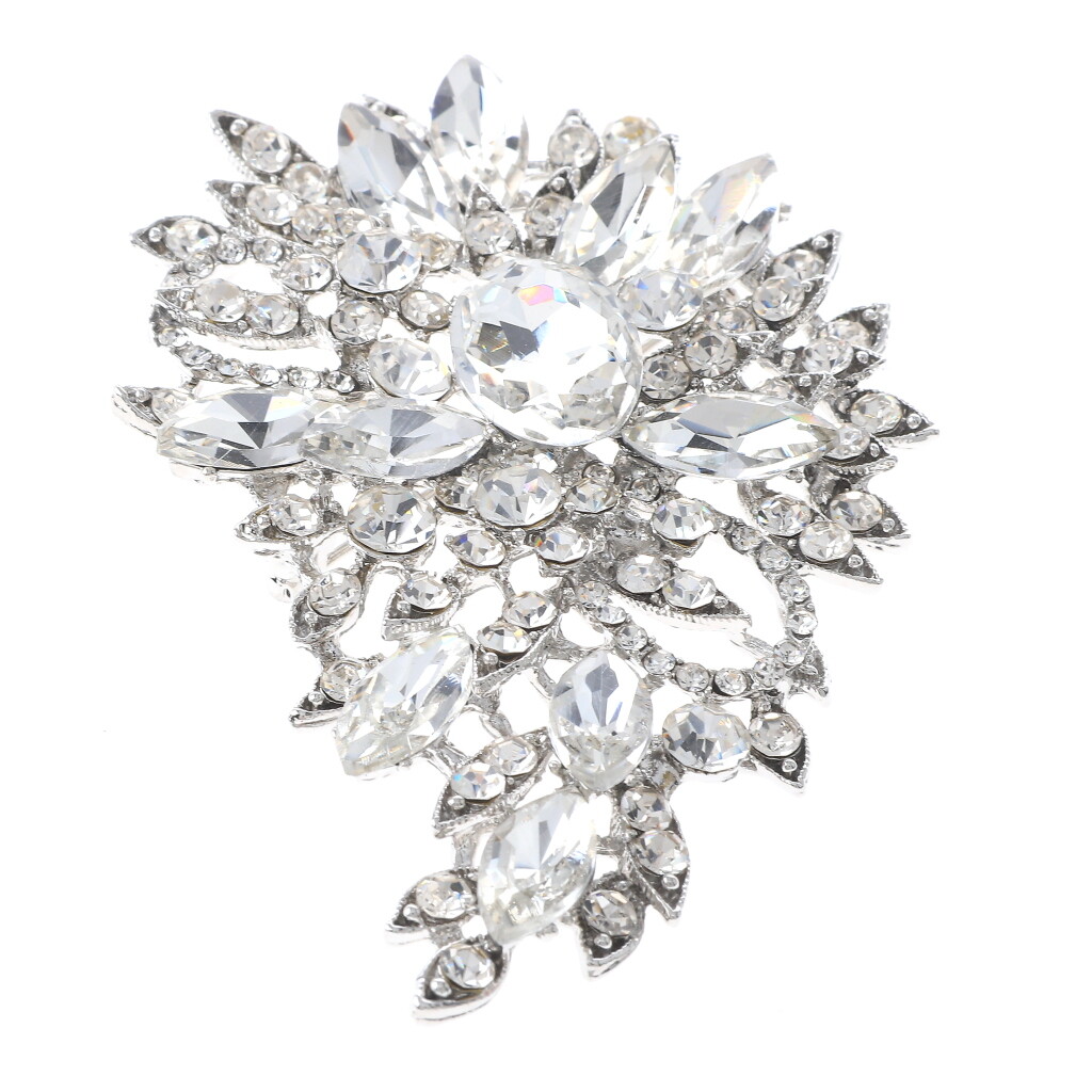 Silver Tone Metal Crystal Rhinestone Flower Brooch P1246-SCL