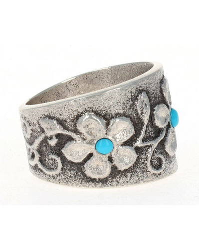 Tufa Cast Flower Ring With Natural Lone Mountain Turquoise By Rebecca T. Begay - Picture 4 of 6