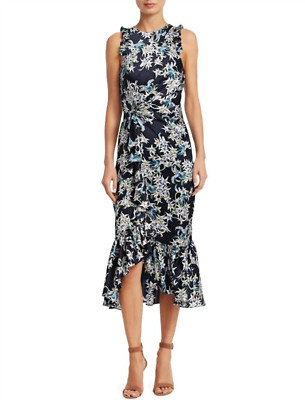 NWT - CINQ À SEPT 'Mirna' Floral-Silk Ruffled Midi-Dress, Navy Multi - Size 2