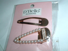 Pair Golden White Pearl and Rhinestone 2.5" Hair Clip NWT