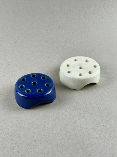 Vintage WELLER Pottery Flower Frogs Pair Blue 3” White 3.25” 8 Hole