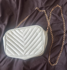 White Quilted Small Crossbody Bag Zip Closure Gold Chain Strap Gold Hardware