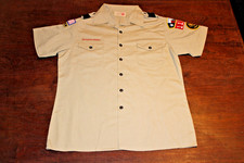 Boy Scouts of America BSA Men's Shirt Tan Large Sewn Patches Short Sleeve