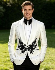 Men Jacquard Tuxedo Jacket Black Floral Applique Rhinestone Shawl Lapel Wedding