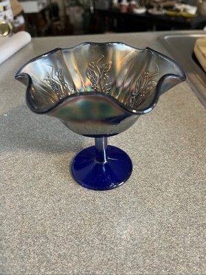Fenton Rib and Holly Sprig Cobalt Blue Carnival Glass Comport
