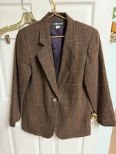 Sag Harbor Houndstooth 1 Button Blazer Wool Blend Brown Academia Med 10 38w 90s