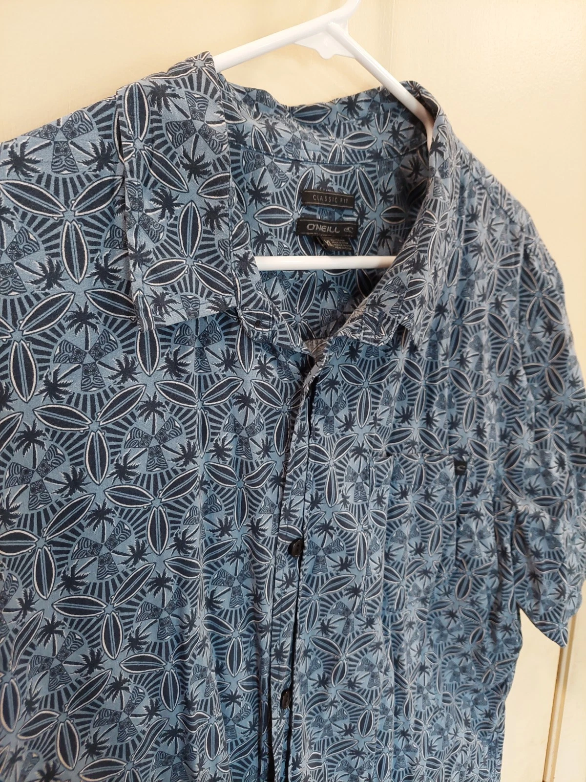 O'neill Hawiian Shirt XL Blue Surfboard Tiki Head Print