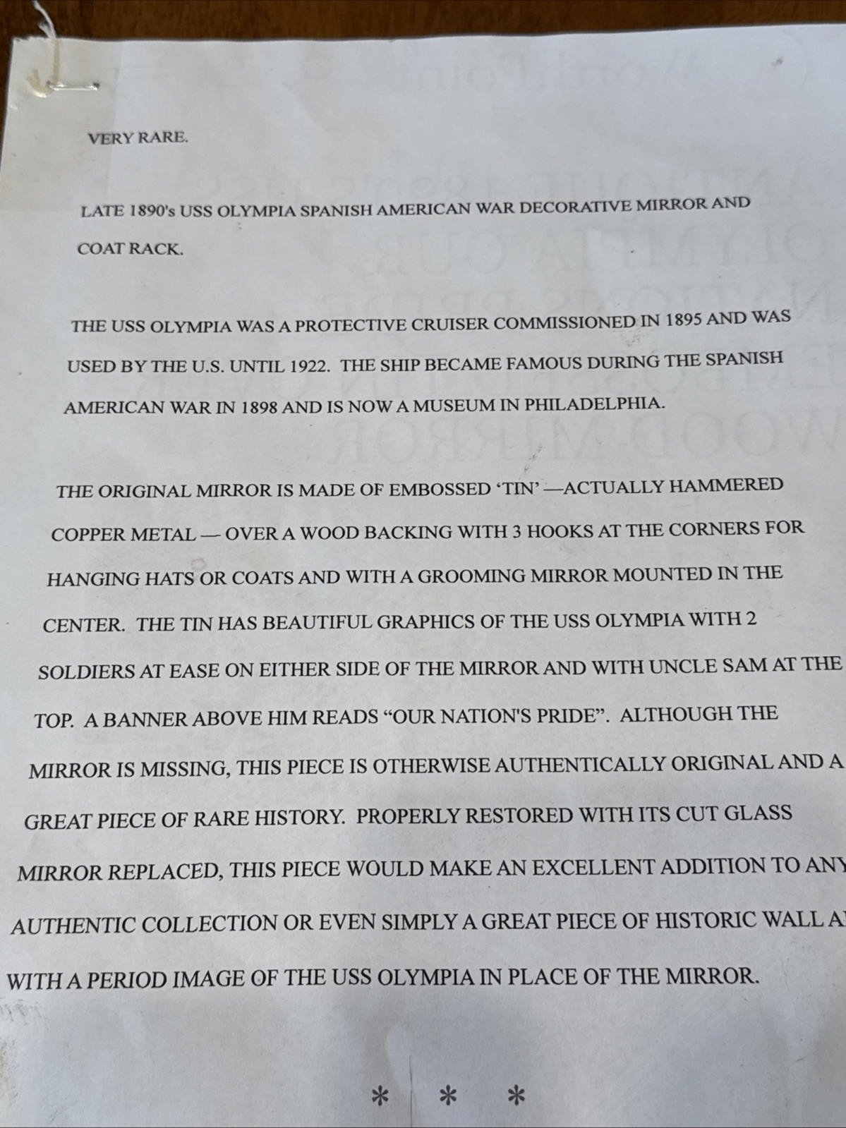 1890s Antique USS OLYMPIA Our Nations Pride Hammered Copper On Wood Mirror RARE