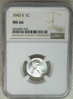 1943-S Lincoln Steel Cent NGC MS66 Very Bright PQ in New Holder #Z348Z