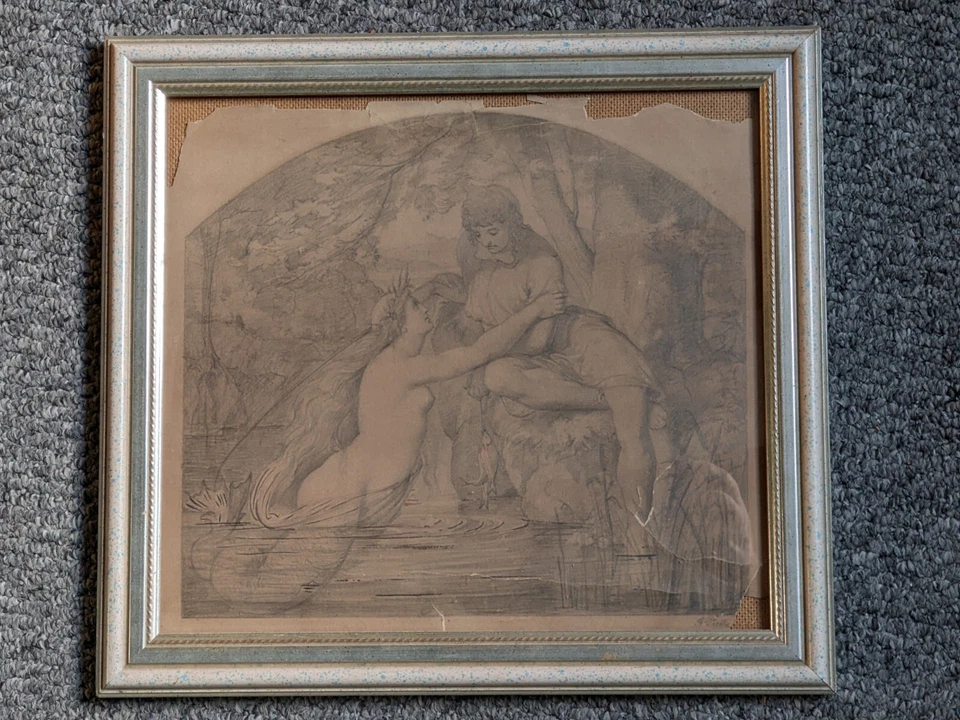 Antique 19thC original pencil drawing by Alfred Richard Diethe 1836-1919 Mermaid - Image 2 of 4