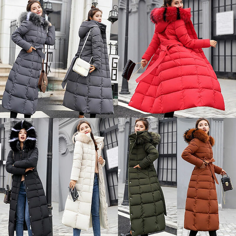 Women Winter Long Cotton Padded Coat Parka Down Jacket Fur Collar