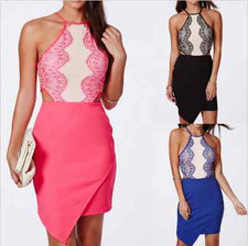 Women Summer Eyelash Pink Lace Asymmetrical Hem Bellyband Bodycon Mini Dress M