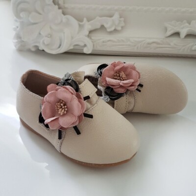Mädchen Slipper Mokassins Schuhe 23 ~ECHTES LEDER~ beige mit Blume Handmade 