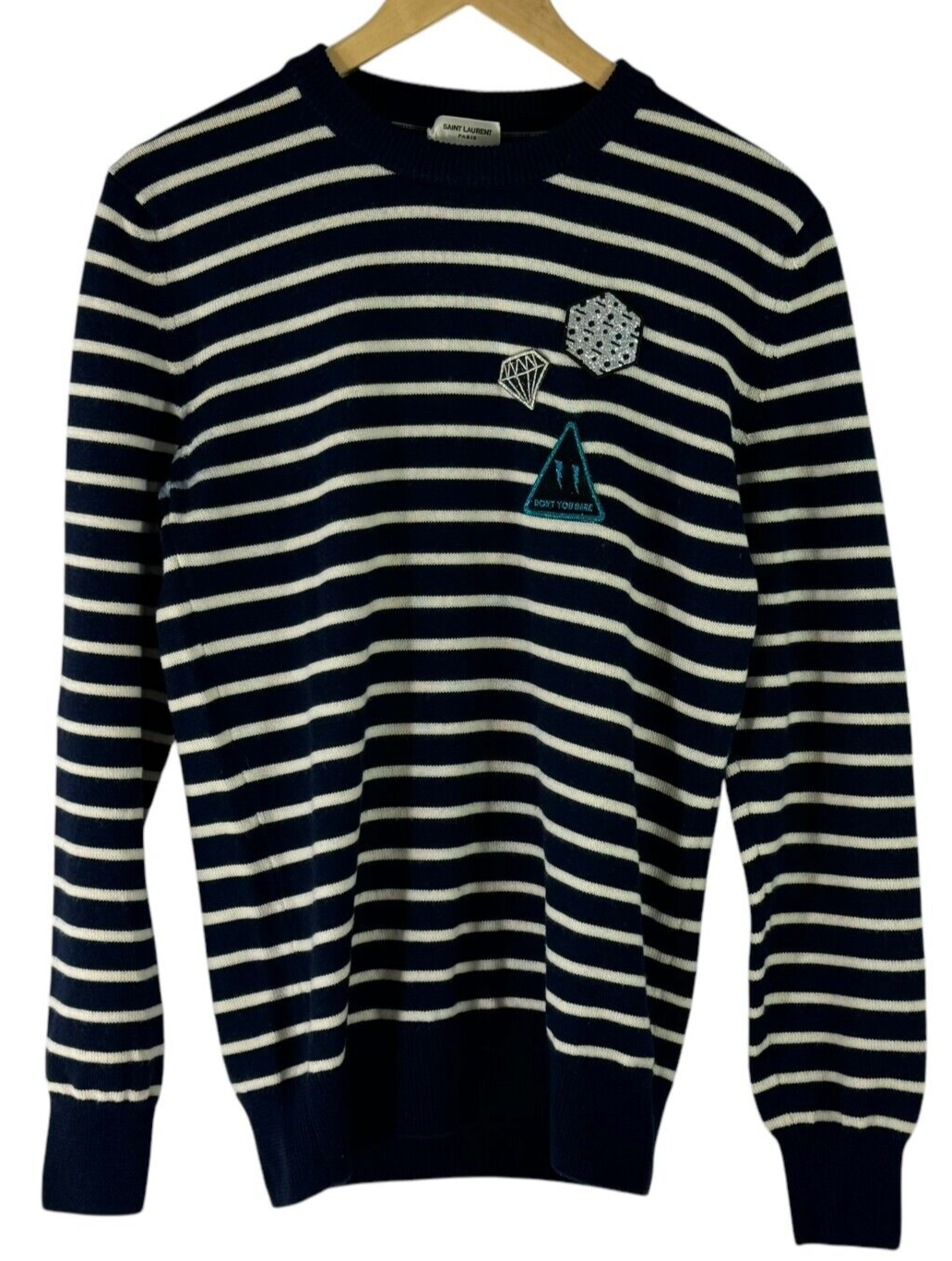 Maglione uomo SAINT LAURENT lana bianco e nero righe stampate adesivi Italia "M"