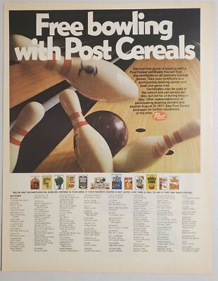 1971 Print Ad Post Cereal Free Bowling Offer Ball Strikes Pins 12 Types Cereal