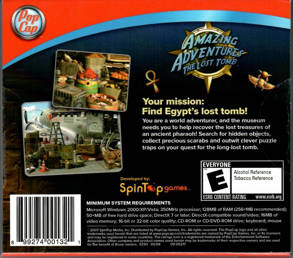 Amazing Adventures The Lost Tomb~2007 PopCap~PC CD-ROM~XP/Vista