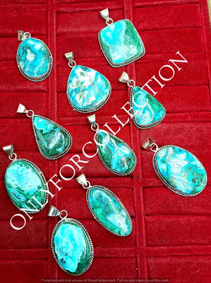 Azurita - Colgante de diseño de 25 piezas de piedras preciosas de malaquita enchapado en plata 925 hecho a mano Foto 2 de 3
