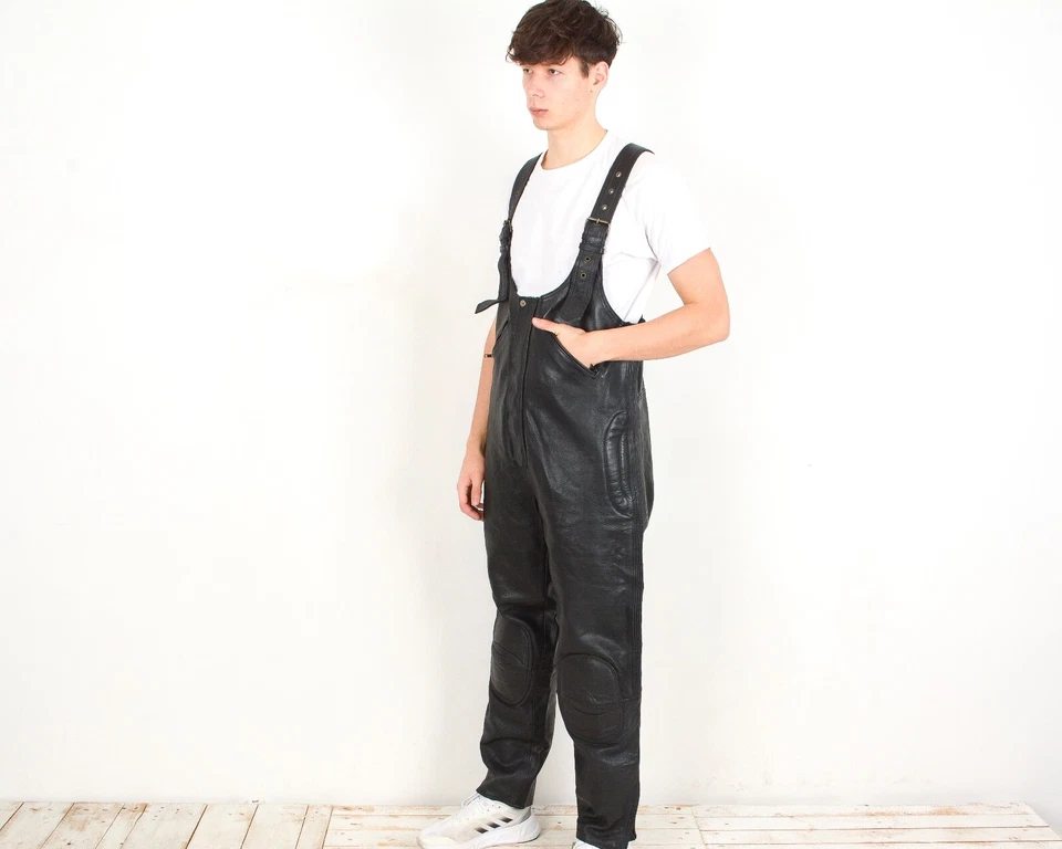 Poids Lourd Cuir Motard Bavette Vintage XL Hommes Ensembles Salopette Moto Rock - Photo 2/4