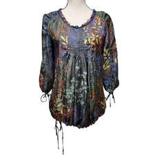 Johnny Was Floral Blouse Womens Sz S Green Multi Silk Pintuck Bohemian Boho Top