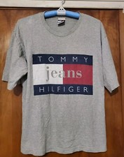 Vintage Tommy Hilfiger LOGO Jeans T-Shirt Mens Size L Gray RARE Made In USA