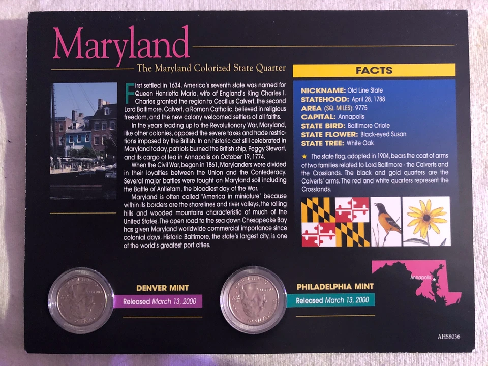 American Historical Society Colorized State Quarters. Maryland. Used - Image 2 of 2