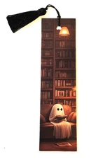 Ghost Under the Reading Lamp Bookmark Cozy Gothic Library Design with Tassel