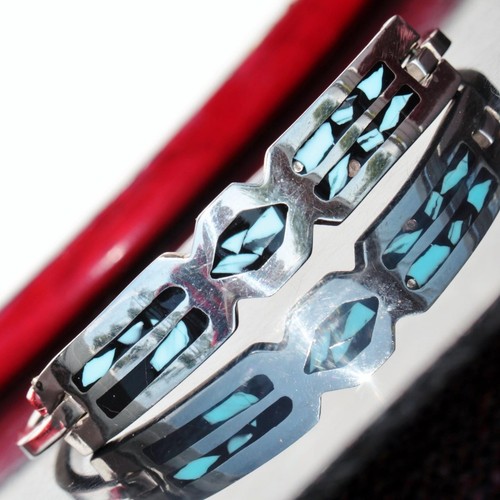 Southwestern 925 Sterling Silber Armband Türkis Onyx Inlay 7,0" Armreif 25,0g - Bild 12 von 12