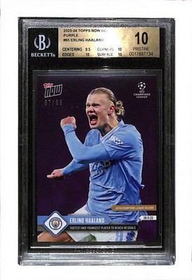 2023-24 TOPPS NOW UCL #65 ERLING HAALAND 57/99 PURPLE PARALLEL! 40 GOALS! BGS 10
