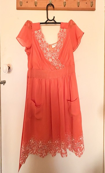 Origami Doll - Baby Doll Dress - Coral Chiffon Lace Fit & Flare Dress-  Size 10