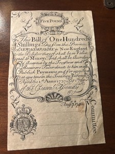 Reproduction 1737 New Hampshire Five Pound Colonial Currency Note 1740 Display